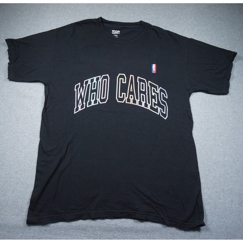 Who Cares Shirt Mens Large Black Graphic Tee Streetwear Short Sleeve Crewneck